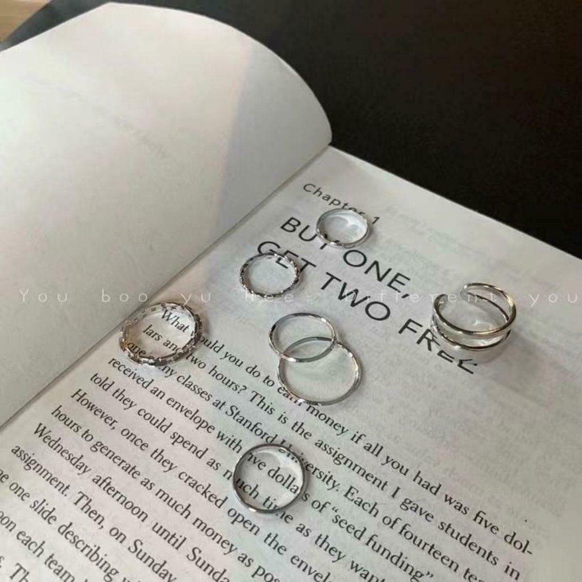Set van 7 koperen verzilverde ringen