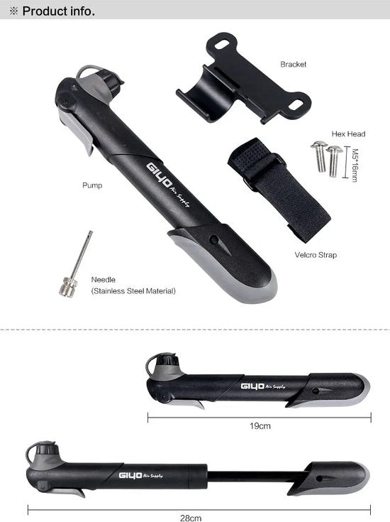 Giyo Mini fietspomp Zwart - MTB - Racefiets - Mountainbike - Nederlands Frans Autoventiel