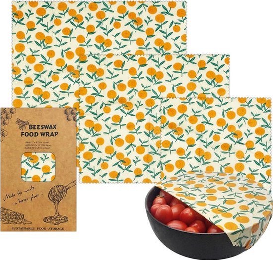 Bijenwas wraps - Fruit - Bijenwas voedsel wrap - Bijenwas - Bijenwasdoek - Zero Waste - 3 stuks; klein, middel, groot - Herbruikbaar - Duurzaam Cadeau - Boterhamzakje - Bijenwas Doek