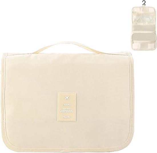 Reis toilettas beige met haak reisetui organizer voor toiletartikelen kamperen & reizen accessoires - toilettas voor dames en heren