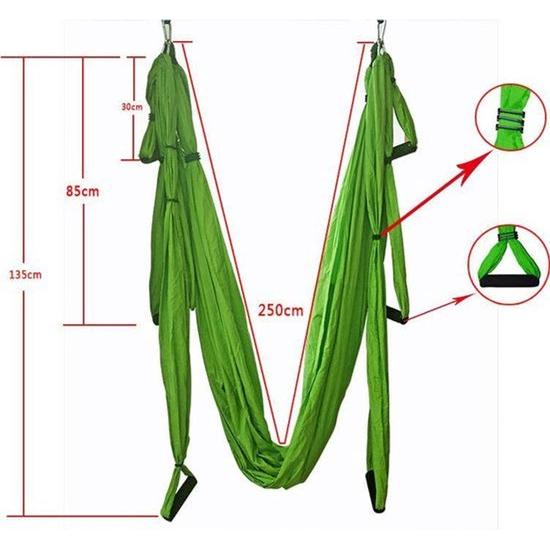 Yoga hangmat - Groen - Aerial Yoga schommel - Compleet systeem met 3 sets handgrepen - tot 300kg