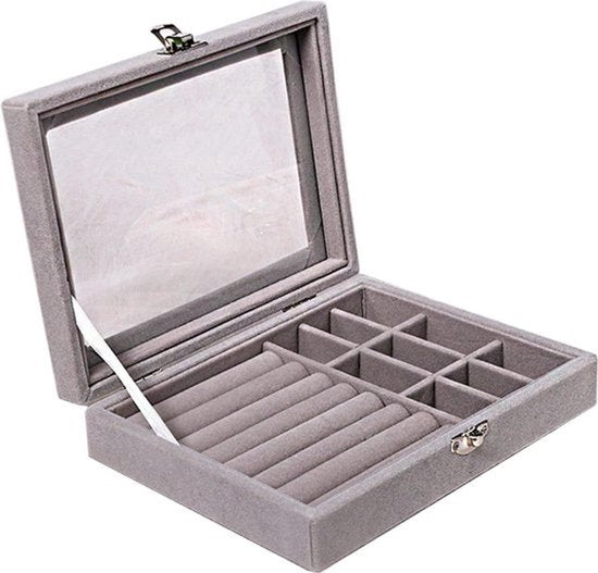 Jewelry box - 1 laag - Grijs - Luxe - Sieraad opberg doosje - Doos - Opbergdoos - Velours - Juwelen