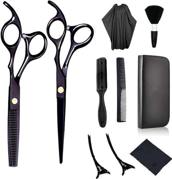 Professional 10 in 1 kappersset - Zwarte Scharen - kapperset - Scherpe Scharen - Kapper - Kapmantel - Kappersmantel - Kapperschort - Uitdunschaar - Haarschaar - Kapperskam - Kappersschaar - effileerschaar - kappersschaar Rechtshandig
