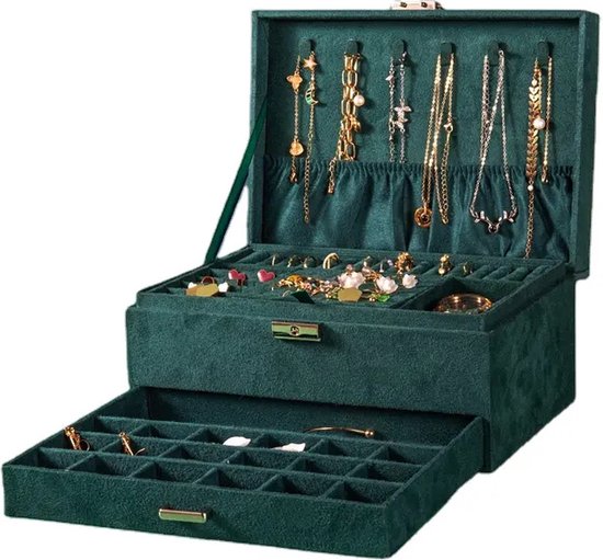 Jewelry box - 3 lagen - Groen - Luxe - Sieraad opbergdoosje - Doos - Opbergdoos - Velours