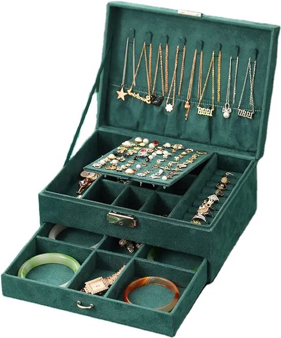 Jewelry box - 3 lagen - Groen - Luxe - Sieraad opbergdoosje - Doos - Opbergdoos - Velours