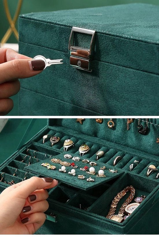 Jewelry box - 3 lagen - Groen - Luxe - Sieraad opbergdoosje - Doos - Opbergdoos - Velours