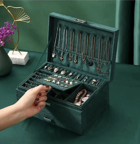 Jewelry box - 3 lagen - Groen - Luxe - Sieraad opbergdoosje - Doos - Opbergdoos - Velours