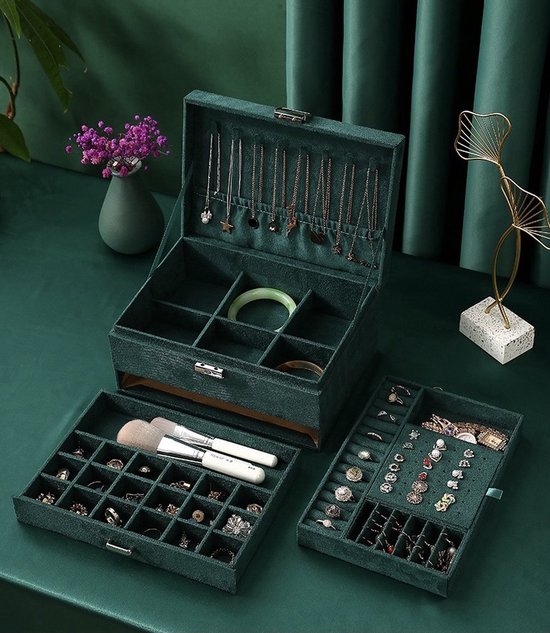 Jewelry box - 3 lagen - Groen - Luxe - Sieraad opbergdoosje - Doos - Opbergdoos - Velours