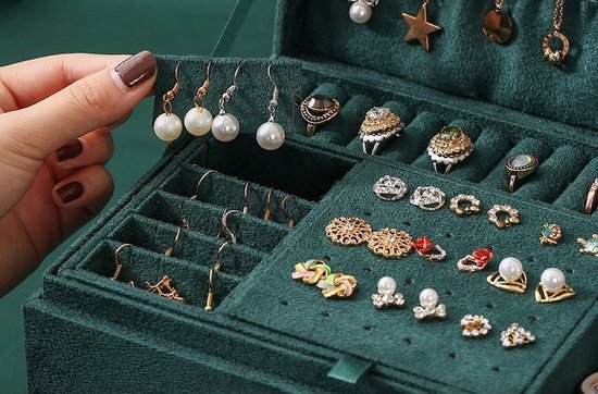Jewelry box - 3 lagen - Groen - Luxe - Sieraad opbergdoosje - Doos - Opbergdoos - Velours