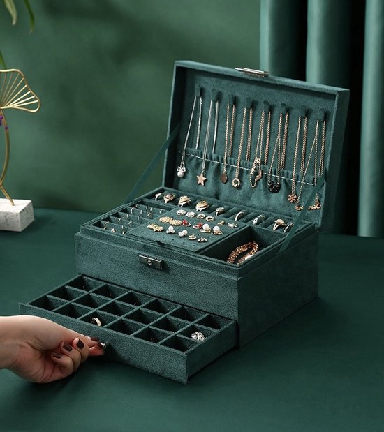 Jewelry box - 3 lagen - Groen - Luxe - Sieraad opbergdoosje - Doos - Opbergdoos - Velours
