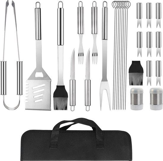 BBQ gereedschap set XL - 27-delig - RVS - Barbecue Bestek - Spatel - Spies - Gereedschap - Keukengerei - Tools - Inclusief opbergtas