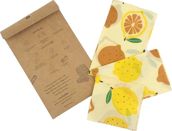 Bijenwas wraps - Citroen - Bijenwas voedsel wrap - Bijenwas - Bijenwasdoek - Zero Waste - 3 stuks; klein, middel, groot - Herbruikbaar - Duurzaam Cadeau - Boterhamzakje - Bijenwas Doek