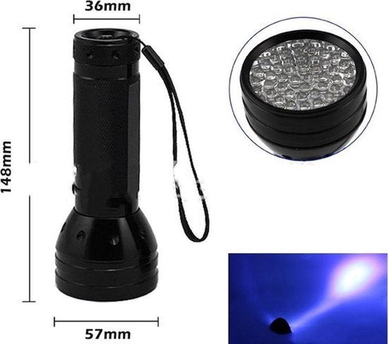 Blacklight UV Zaklamp 51 Ultra Violet LED's - Blacklight - Robuuste Aluminium Behuizing - Detector voor Vals geld, Urine & Overige Vlekken