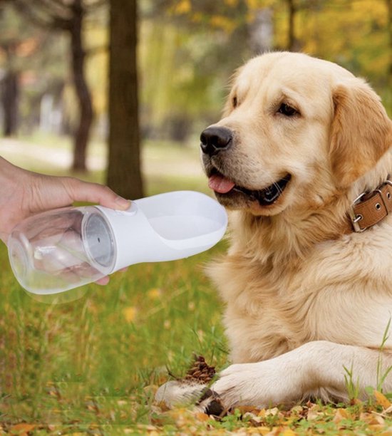 Pet waterfles met voerbakje Wit 300ml - Honden Drinkfles