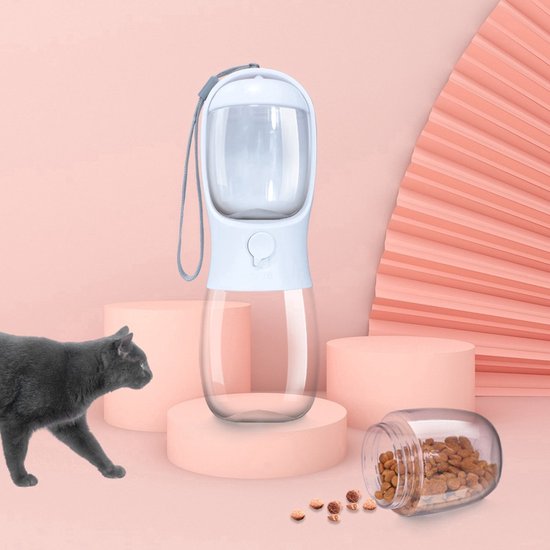 Pet waterfles met voerbakje Wit 300ml - Honden Drinkfles
