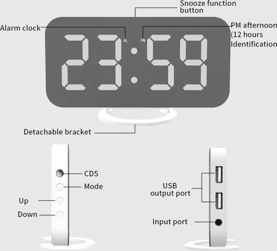 Digitale Wekker Zwart - Alarmklok - Multifunctionele Wekker - Digitale Wekker - Spiegel - Snooze