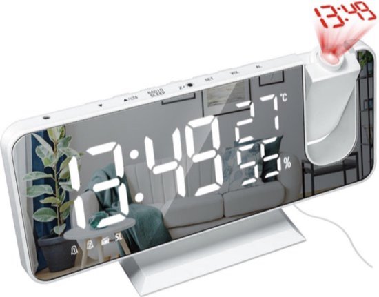 Digital Alarmklok Radio Wit - Alarmklok - Met Projectie - Multifunctionele Wekker Radio - Digitale Wekker - Temperatuur - Spiegel - Snooze -