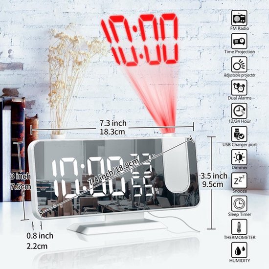 Digital Alarmklok Radio Wit - Alarmklok - Met Projectie - Multifunctionele Wekker Radio - Digitale Wekker - Temperatuur - Spiegel - Snooze -