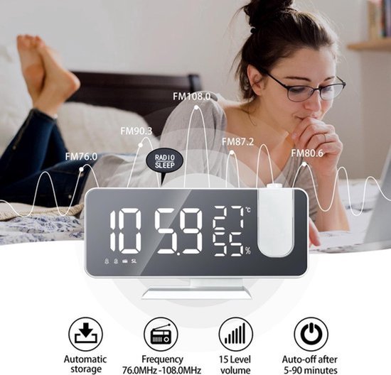 Digital Alarmklok Radio Wit - Alarmklok - Met Projectie - Multifunctionele Wekker Radio - Digitale Wekker - Temperatuur - Spiegel - Snooze -