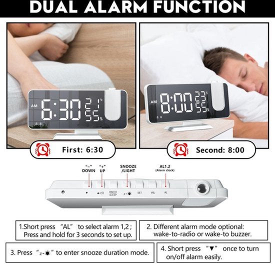 Digital Alarmklok Radio Wit - Alarmklok - Met Projectie - Multifunctionele Wekker Radio - Digitale Wekker - Temperatuur - Spiegel - Snooze -