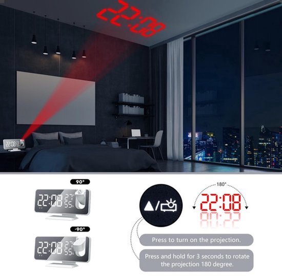 Digital Alarmklok Radio Wit - Alarmklok - Met Projectie - Multifunctionele Wekker Radio - Digitale Wekker - Temperatuur - Spiegel - Snooze -