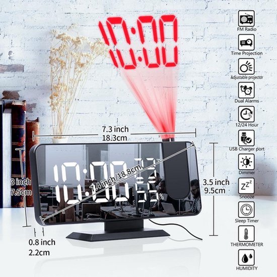 Digitale Wekkerradio Zwart - Alarmklok - Met projectie - Multifunctionele Wekkerradio - Digitale Wekker - Temperatuur - Spiegel - Sluimer -