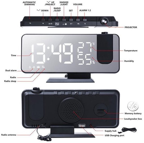 Digitale Wekkerradio Zwart - Alarmklok - Met projectie - Multifunctionele Wekkerradio - Digitale Wekker - Temperatuur - Spiegel - Sluimer -