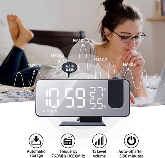 Digitale Wekkerradio Zwart - Alarmklok - Met projectie - Multifunctionele Wekkerradio - Digitale Wekker - Temperatuur - Spiegel - Sluimer -
