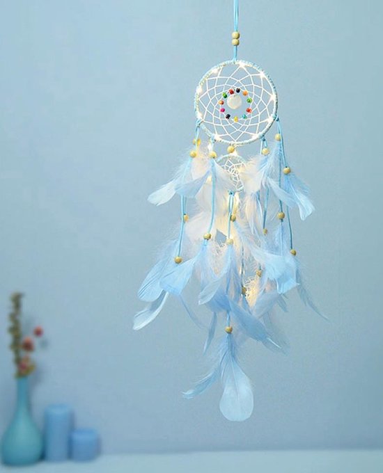 Dreamcatcher met verlichting - Dream Catcher - Groot - Indianen Deco Droomvanger Veren - Blauw - Scandinavisch
