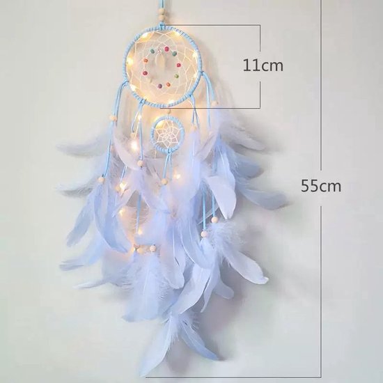 Dreamcatcher met verlichting - Dream Catcher - Groot - Indianen Deco Droomvanger Veren - Blauw - Scandinavisch