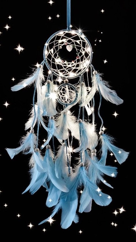 Dreamcatcher met verlichting - Dream Catcher - Groot - Indianen Deco Droomvanger Veren - Blauw - Scandinavisch
