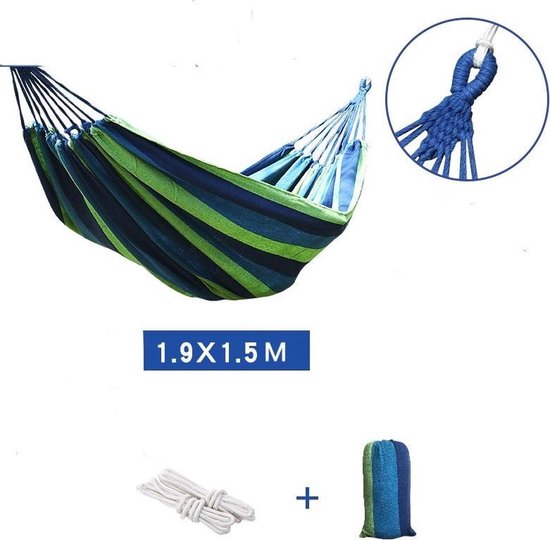 Hangmat 190x 150 cm - Blauw - 2 Persoons Hangmat - In Opbergtas + Bevestigingstouwen