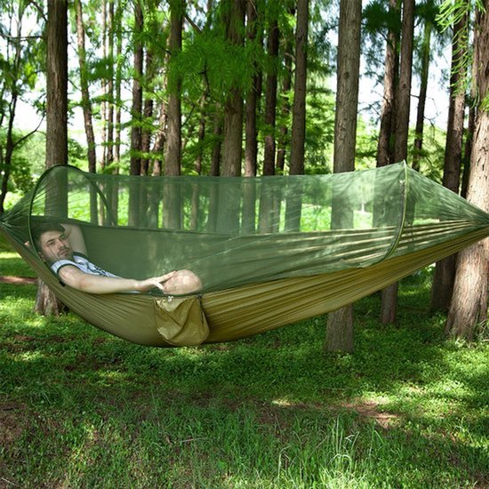 Hangmat 250x 120 cm - Met klamboe - Camouflage - 2 Persoons Hangmat - In Opbergtas + Bevestigingstouwen - Survival