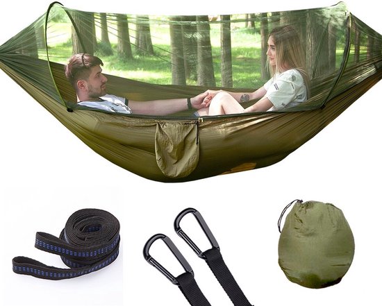 Hangmat 250x 120 cm - Met klamboe - Camouflage - 2 Persoons Hangmat - In Opbergtas + Bevestigingstouwen - Survival