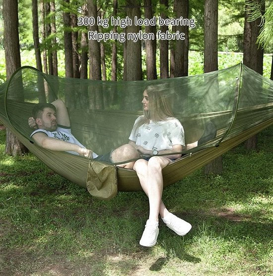 Hangmat 250x 120 cm - Met klamboe - Camouflage - 2 Persoons Hangmat - In Opbergtas + Bevestigingstouwen - Survival