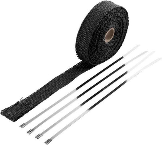 Hitteband - Zwart - 10m rol - 2,5cm breed - Glasvezel - Uitlaat - Auto - Motor