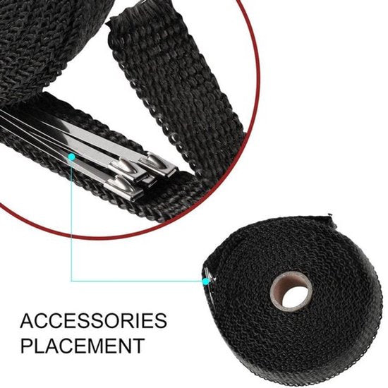 Hitteband - Zwart - 5m rol - 2,5cm breed - Glasvezel - Uitlaat - Auto - Motor
