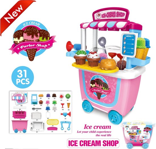 Kinder speelgoed - IJskraam - Speelgoedwinkeltje - Marktkraam - Meeneemtrolley op wielen - IJswinkel - Softijs
