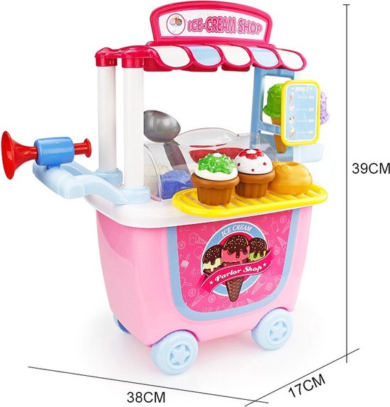 Kinder speelgoed - IJskraam - Speelgoedwinkeltje - Marktkraam - Meeneemtrolley op wielen - IJswinkel - Softijs