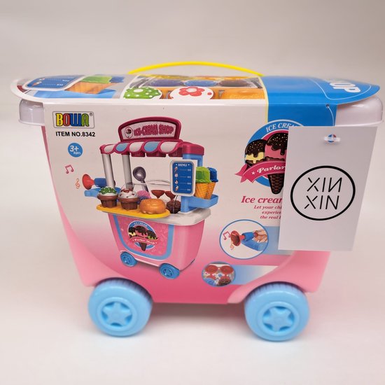 Kinder speelgoed - IJskraam - Speelgoedwinkeltje - Marktkraam - Meeneemtrolley op wielen - IJswinkel - Softijs