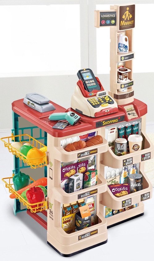 Kinderspeelgoed - Supermarkt - Speelgoedwinkeltje - 48-delig - Speelgoed met Karretje en Kassa - 44 x 19 x 60 cm