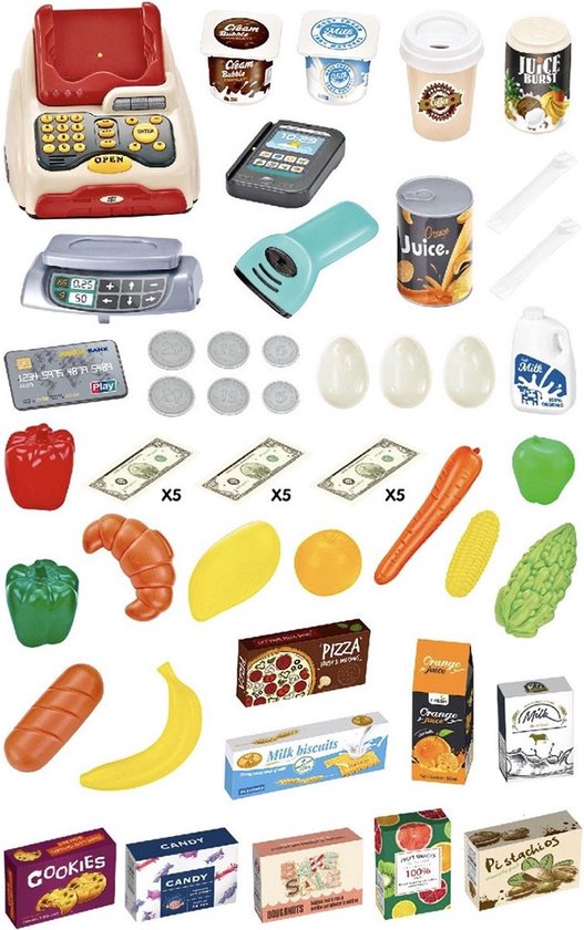 Kinderspeelgoed - Supermarkt - Speelgoedwinkeltje - 48-delig - Speelgoed met Karretje en Kassa - 44 x 19 x 60 cm