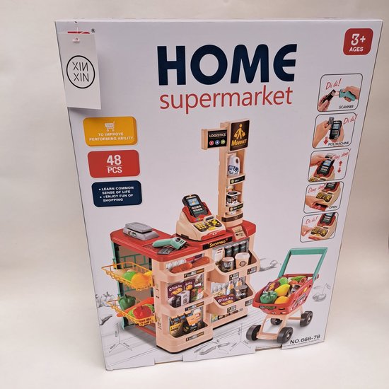 Kinderspeelgoed - Supermarkt - Speelgoedwinkeltje - 48-delig - Speelgoed met Karretje en Kassa - 44 x 19 x 60 cm