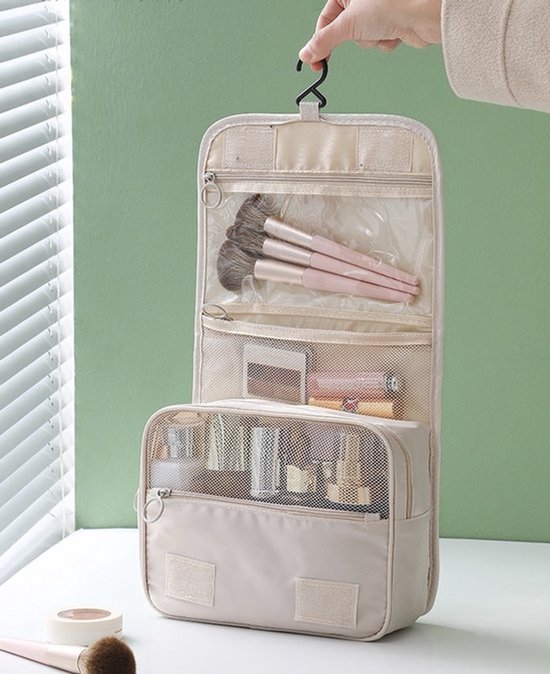 Reis toilettas beige met haak reisetui organizer voor toiletartikelen kamperen & reizen accessoires - toilettas voor dames en heren