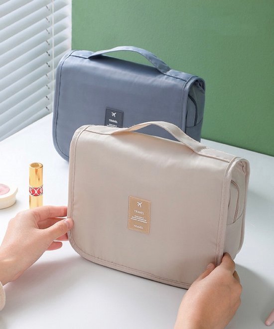 Reis toilettas beige met haak reisetui organizer voor toiletartikelen kamperen & reizen accessoires - toilettas voor dames en heren