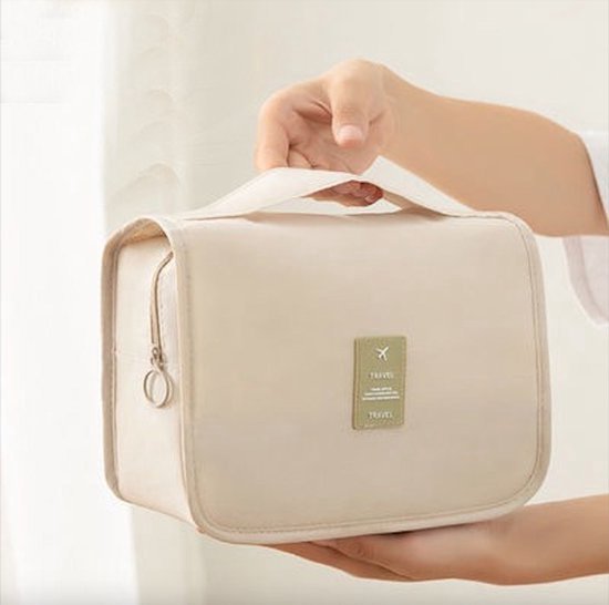 Reis toilettas beige met haak reisetui organizer voor toiletartikelen kamperen & reizen accessoires - toilettas voor dames en heren