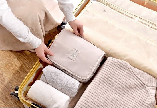 Reis toilettas beige met haak reisetui organizer voor toiletartikelen kamperen & reizen accessoires - toilettas voor dames en heren
