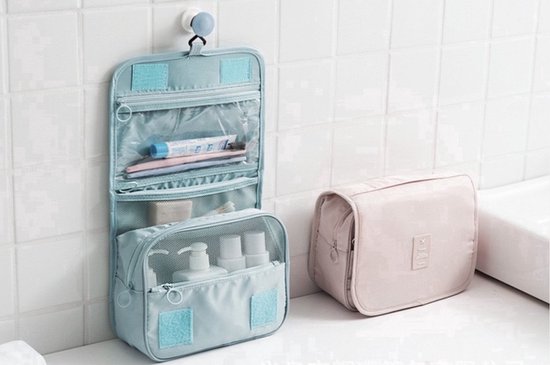 Reis toilettas beige met haak reisetui organizer voor toiletartikelen kamperen & reizen accessoires - toilettas voor dames en heren