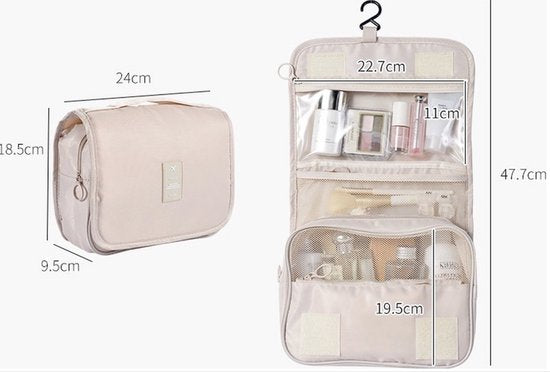Reis toilettas beige met haak reisetui organizer voor toiletartikelen kamperen & reizen accessoires - toilettas voor dames en heren