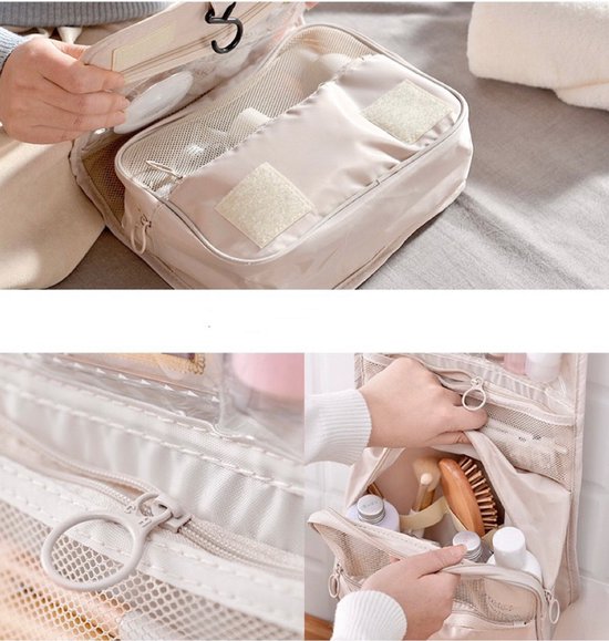 Reis toilettas beige met haak reisetui organizer voor toiletartikelen kamperen & reizen accessoires - toilettas voor dames en heren